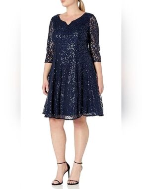 New SLNY Navy Sequin Lace Tea Length Dress with Three-Quarter Sleeves Size 16w